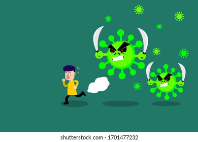 Man who is running away from the germs. Survival from coronavirus(Covid-19). Virus concept. Vector illustration