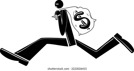 Man who runs away with a bag of money with a dollar sign painted on it. The masked robber. Illustration in black and white. Stock vector illustration