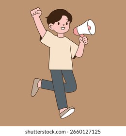 Um homem que corre gritando com um alto-falante em uma mão. Design mínimo de ilustração de linha.