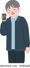 A man who is sad while holding a broken smartphone.