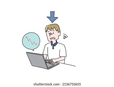 A man who seems to be disappointed with the decline in stock prices, a comical handwritten person, a vector, and simple coloring of line drawings.