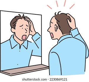 A man who is shocked to see his hair thinning in the mirror