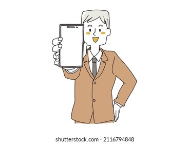 A man who shows the screen of his smartphone here. A comical handwritten person vector, simple coloring of line drawings.

