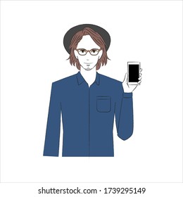 A man who shows a smartphone and smiles