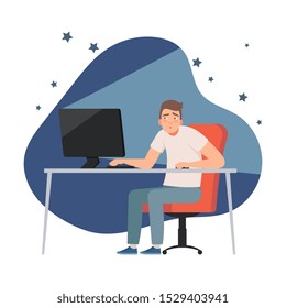 Man who is sitting at the computer at night time vector illustration set