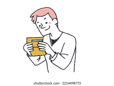 A man who smiles when he sees the accumulated savings in his passbook