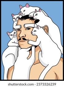 A man who is smiling and surrounded by a multitude of cats encircling his body and face in a vector cartoon illustration