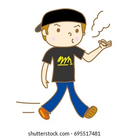 A man who is smoking while walking