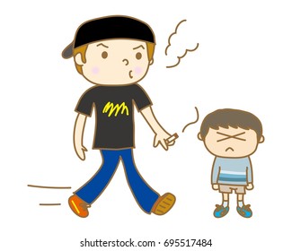 A man who is smoking while walking is annoying a child
