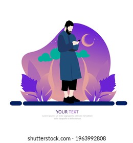 man who spread kindness with his smartphone in ramadan kareem, happy eid, illustration vector graphic islamic holy month of ramadhan. Perfect for concept of presentation, banner, cover and promotion