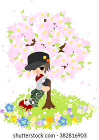 The man who stands still under the cherry tree that a flower is in full glory