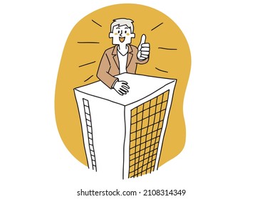 A man who succeeded in starting a business A concept art that leans against a building and gives a thumbs-up. A warm hand-painted person.