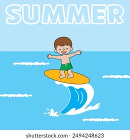 A man who surfs the blue sea excitedly