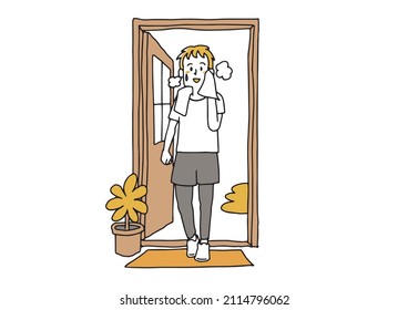 A man who sweats and returns from running, a comical handwritten person vector, simple coloring of line drawings