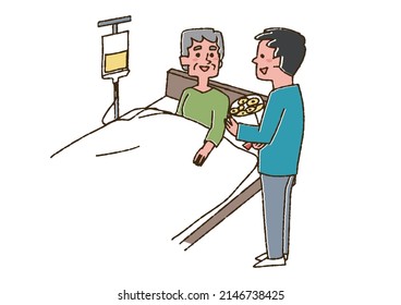A man who is sympathizing with an elderly woman who is hospitalized, a comical handwritten person, a vector, a color drawing