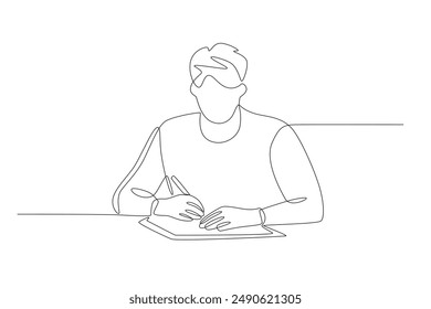 Man who is tense while doing his homework. Homework concept one-line drawing