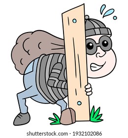 a man who thief was sneaking hiding behind a wooden plank, vector illustration art. doodle icon image kawaii.