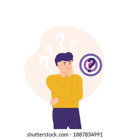 un hombre que está pensando y confundido acerca de determinar o hacer un objetivo o meta. hacer preguntas, tomar decisiones y planificar el negocio. estilo plano. elementos de diseño vectorial