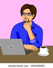 A man who is thinking while working at a desk with a laptop and a coffee cup.