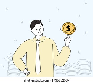 man who twirls coins with his fingers illustration set. money, business, glad, spin. Vector drawing. Hand drawn style.