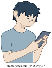 un hombre que está usando el teléfono, jugando en su teléfono, mirando su teléfono - ilustración plana 