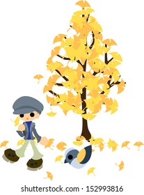 The man who walks under the tree which ginkgo leaves flies.