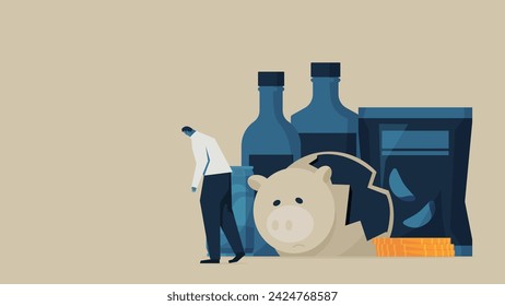 A man who wasted money. There are broken piggy banks, few coins, snacks, and alcohol around.