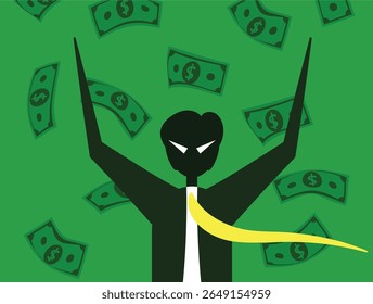 a man who wastes money. a greedy and rich evil boss. minimalist character design. an evil ceo who likes to waste money. surrounded by falling dollar bills against a green background.