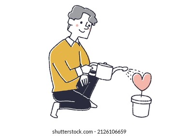 A man who waters a bowl of hearts, a concept art of people who share love, a comical handwritten person