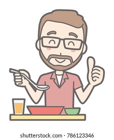 A man who is wearing eyeglasses and has a beard is eating.