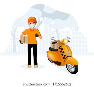 A man who is wearing mask to protect himself from virus deliver the package by motorbike