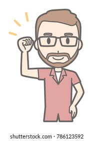 A man who wears glasses and has a beard raises his fist