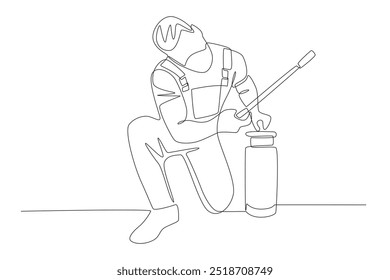 The man who will water the plants with pest medicine. Pest control concept one-line drawing