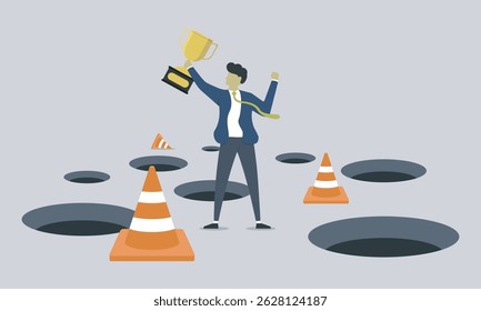A Man who winning and succesfully through the trap, fail, disampointing, barrier, and obstacle while holding a goldencup. achievement winning for business, plan, succesed, and finance. presentation
