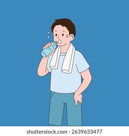 A man who wipes his sweat and drinks water after a workout. minimal line illustration.
