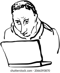 Un hombre que trabaja en la computadora. Un sketch de tinta, cómics