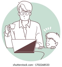 a man who is working from home, and his little son