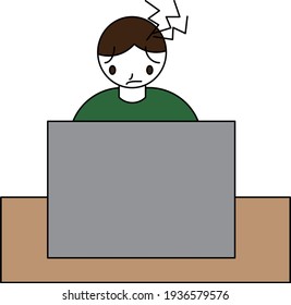 A man who is working on a computer and suffers from a headache