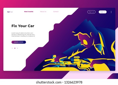 the man who works as a car mechanic is checking the engine of a broken car - All elements on this template are editable with vector software