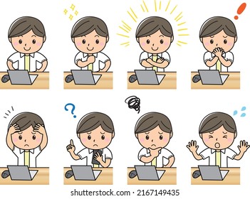 A man who works and studies with a smile and a troubled face on a laptop computer