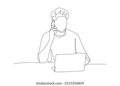 A man who works while making a phone call. Making phone calls concept one-line drawing