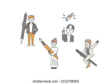  A man who works as a writer, a comical handwritten person who fights with a pen, a vector, a line drawing and a color