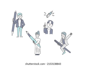  A man who works as a writer, a comical handwritten person who fights with a pen, a vector, a line drawing and a color