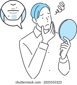 A man who is worried about rough skin aftershaving looking in the mirror
