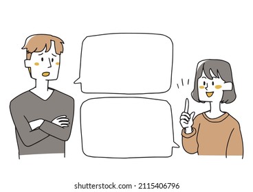 A man who is worried and a woman who gives advice Comical handwritten person Vector, simple coloring of line drawing