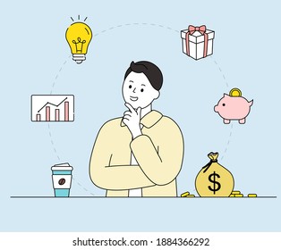 A man who's thinking about how to spend his money illustration set. pig, stock, coffee, bulb, gift. Vector drawing. Hand drawn style.