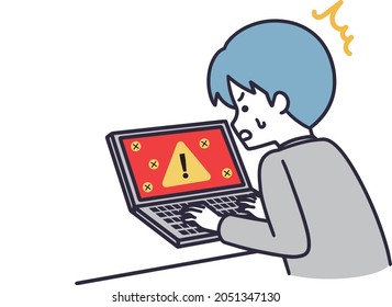 A man whose computer is infected with a virus Simple illustration