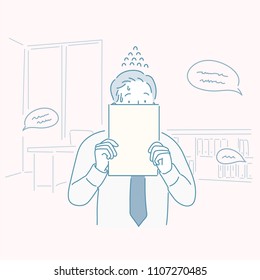 A man whose face was covered with paper after being scolded by the company. hand drawn style vector doodle design illustrations. A man whose face was covered with paper after being scolded by the company. hand drawn style vector doodle design illustrations.