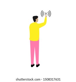 Man and the Wi Fi sign. Flat cartoon character isolated on white background