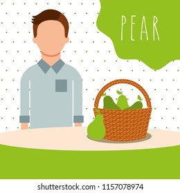 man with wicker basket filled fruit pear